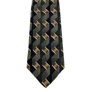 Ziggurat Black Green Brown Geometric Print 100% Silk Mens Tie Necktie